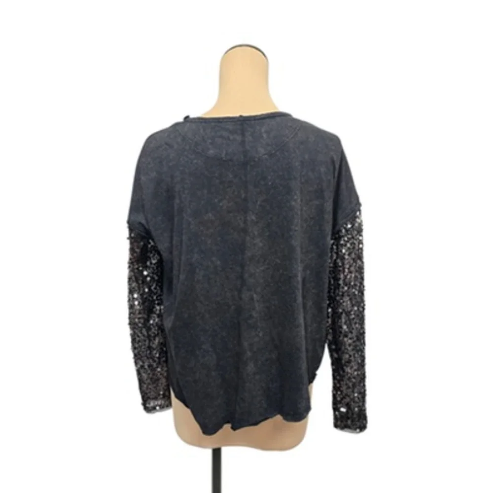 Free‎ People Black Distressed Sequin Sleeve Pocket T-Shirt Top XS